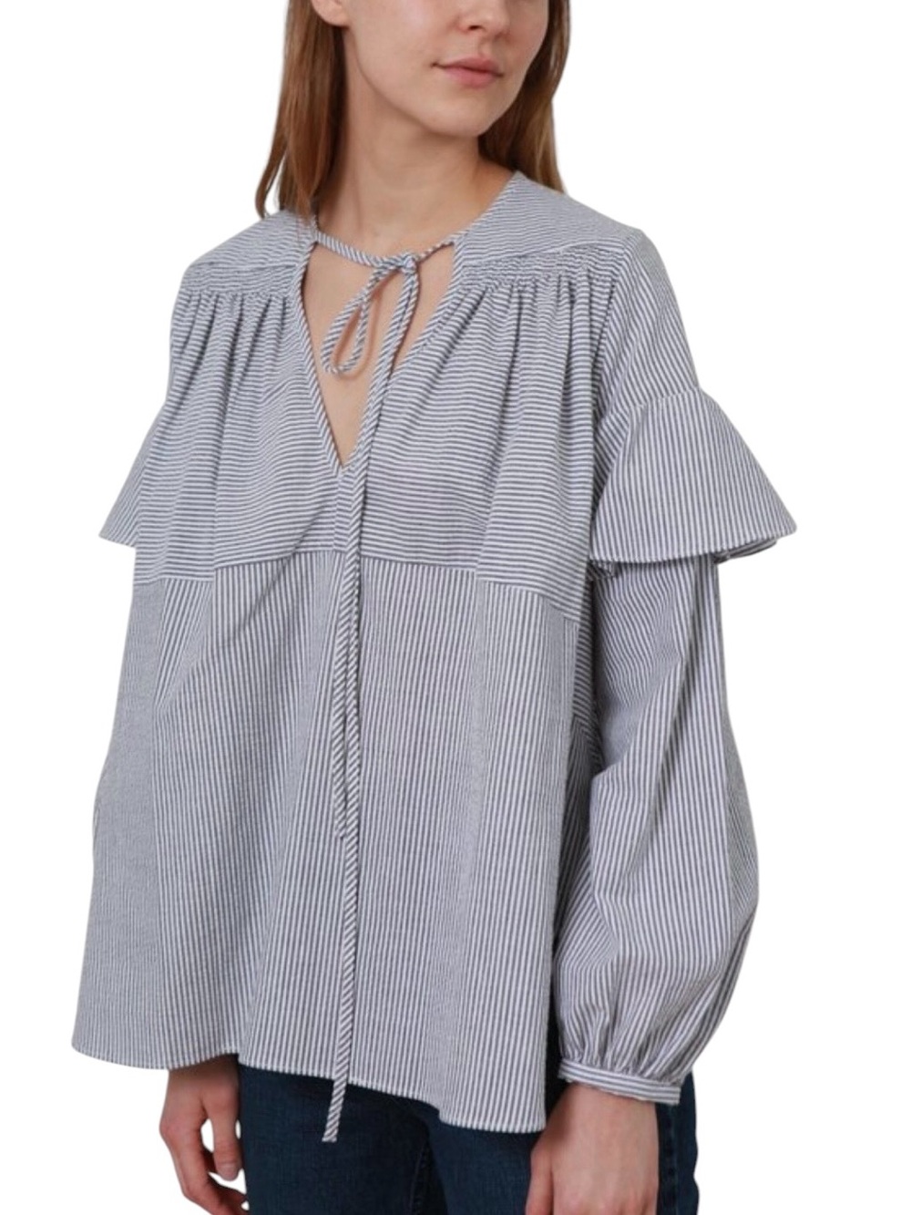 Rachel Comey Willow Top Blue and White Striped Cotton Tie-Neck Size 6